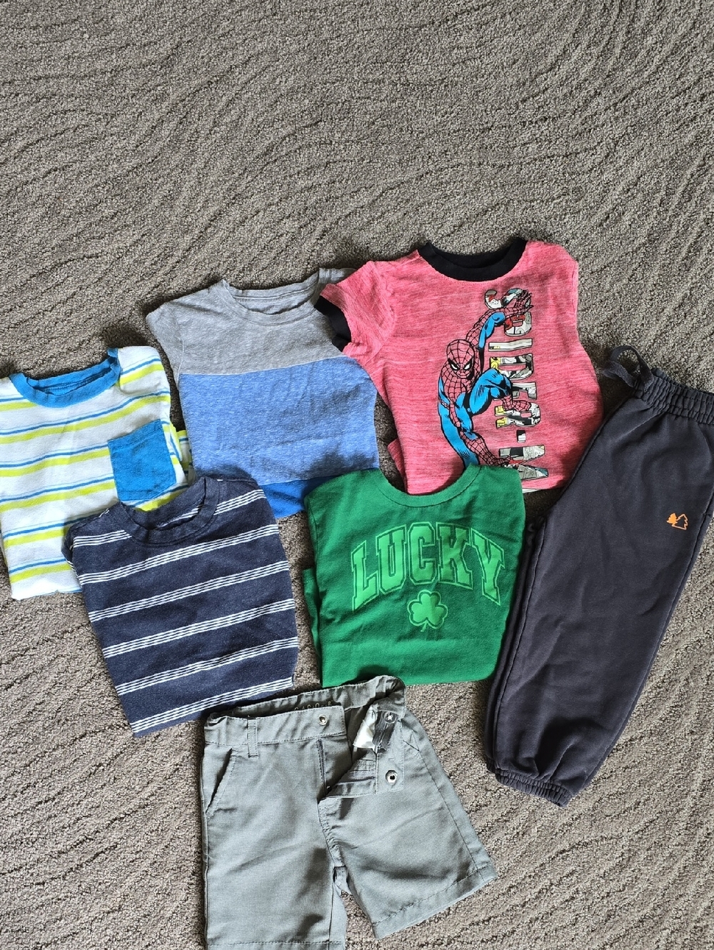 Kids Mixed Tee & Pant Lot - Green Lucky Tee, Spider-Man Red Tee, Striped Tees